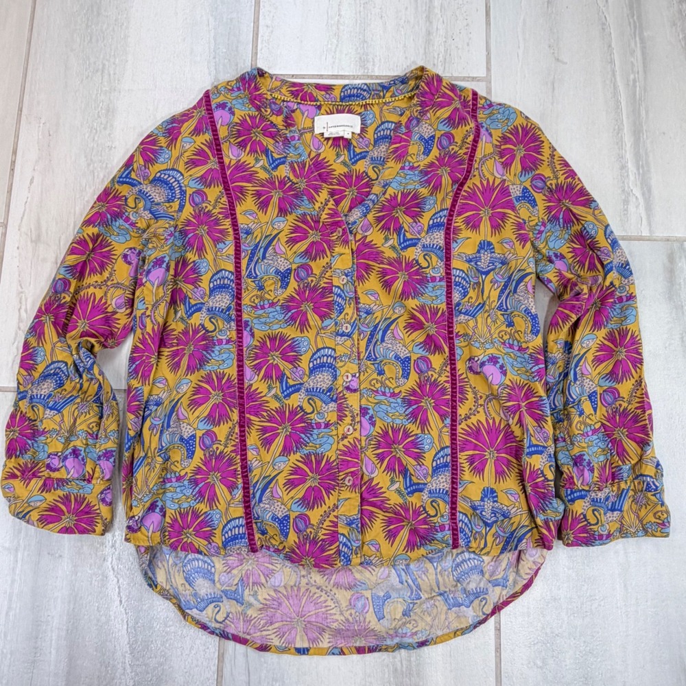 Anthropologie Floral Bird Print Button Down Blouse Mustard Yellow Magenta M